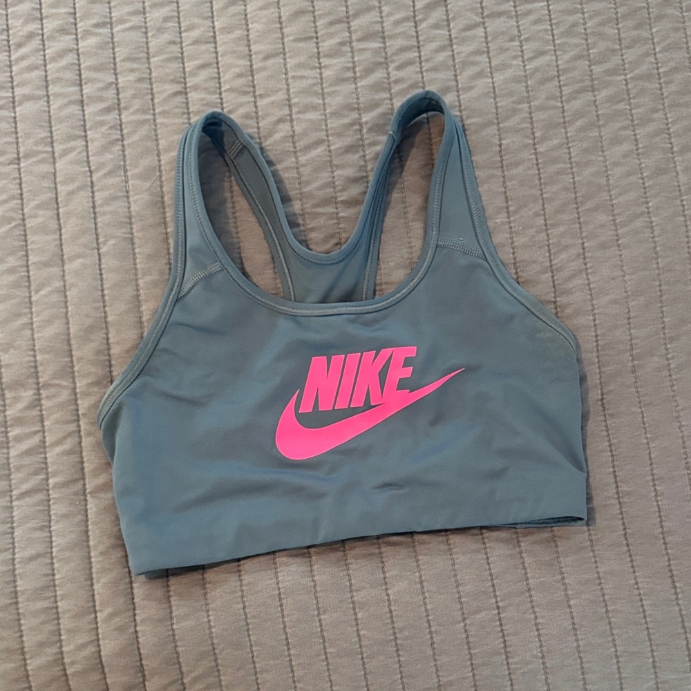 Nike Women's Blue Sports Bra with Pink Logo